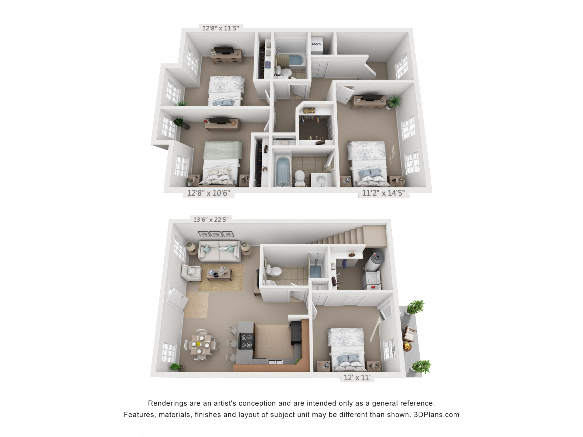 Floor plan for 4 beds, 3 baths, 1588 sqft